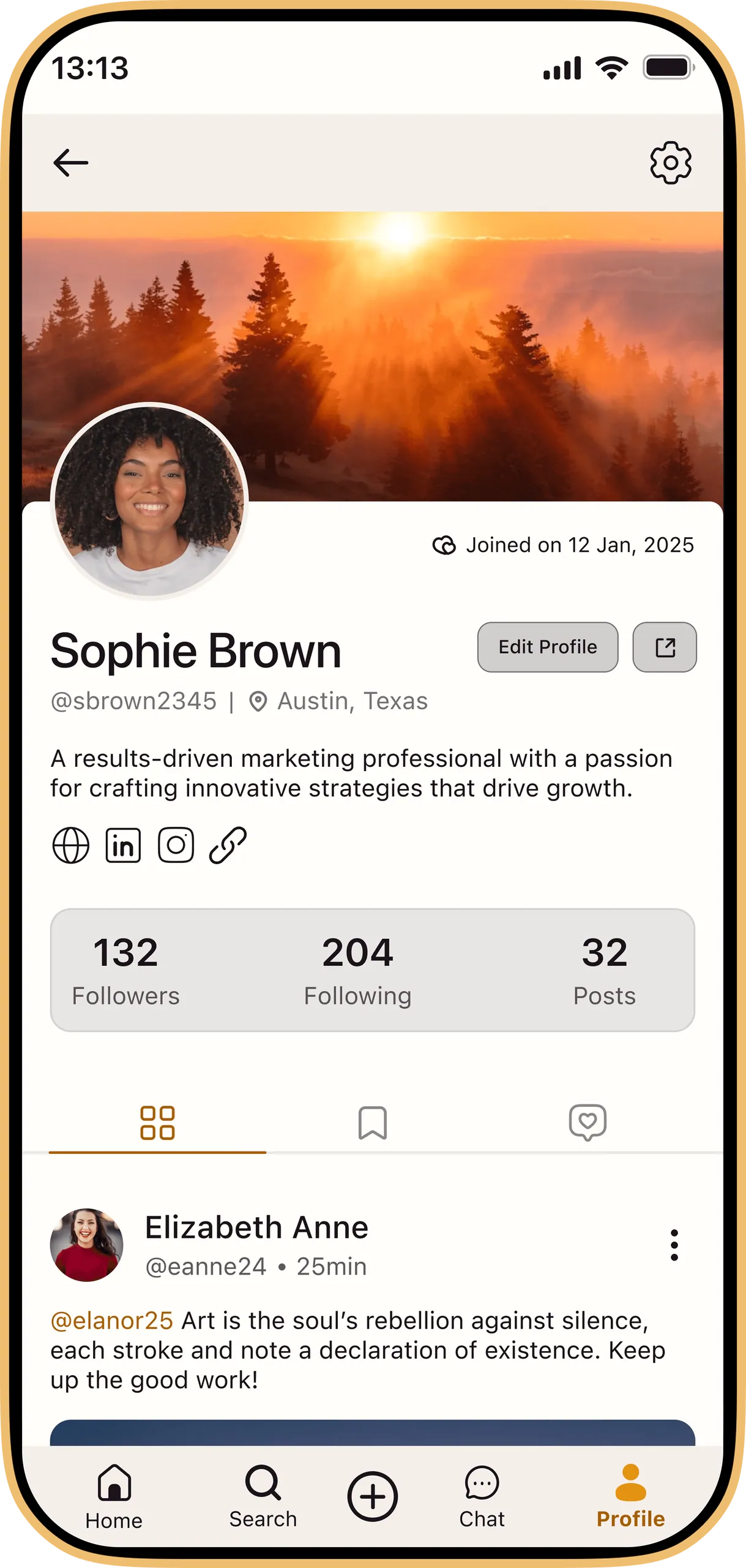 UP profile screen for Sophie Brown with followers, following and posts
