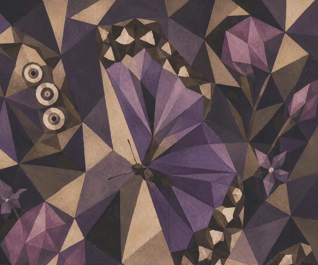 Faceted butterfly among crystalline violet and sand shapes, Inspired by Maria Sibylla Merian