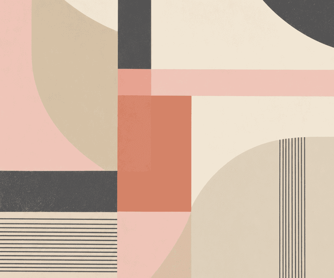 Rose, coral and cream geometric composition with black hatched lines, Inspired by Marie Bracquemond