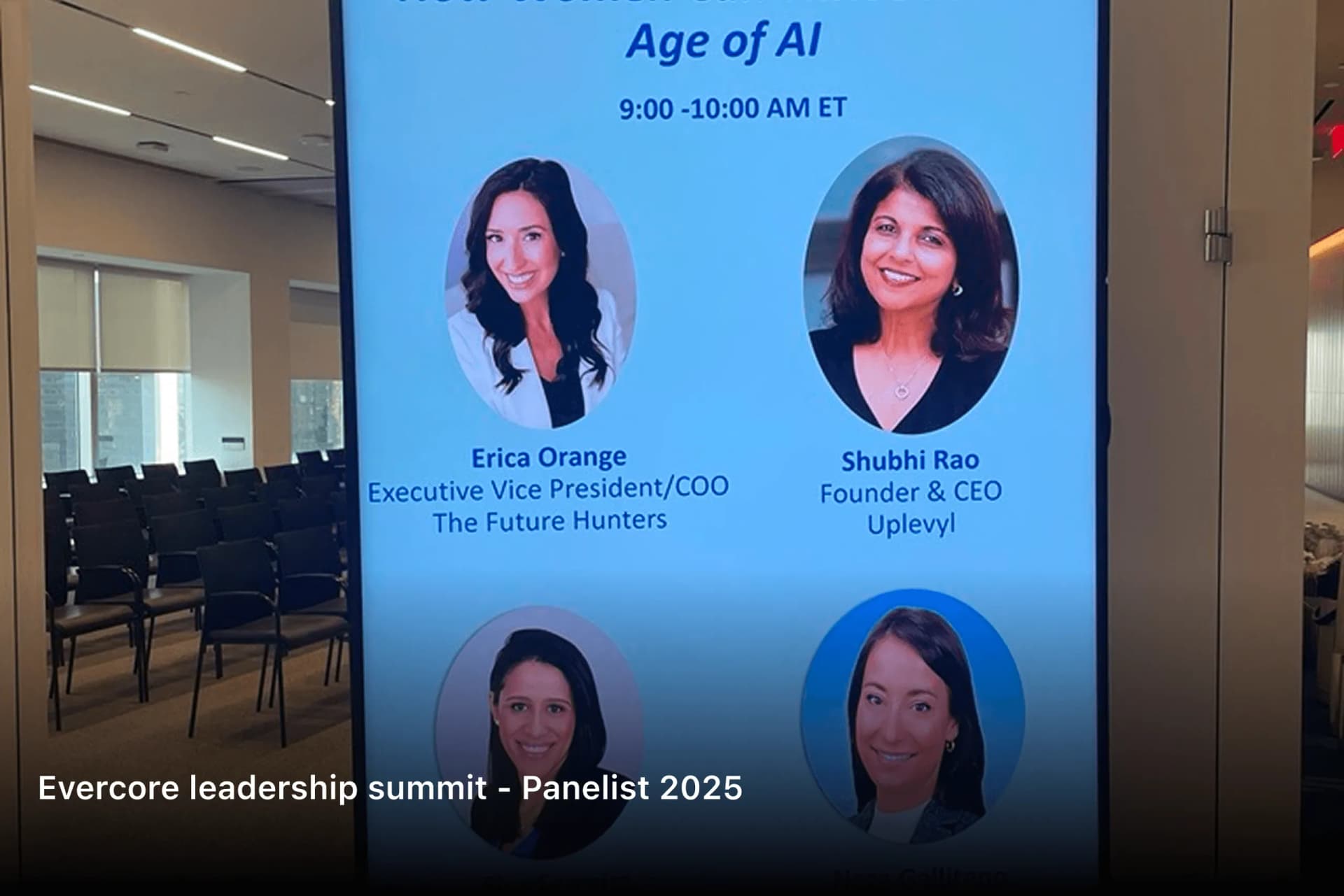 Age of AI session screen listing Shubhi Rao as a panelist at the Evercore leadership summit 2025