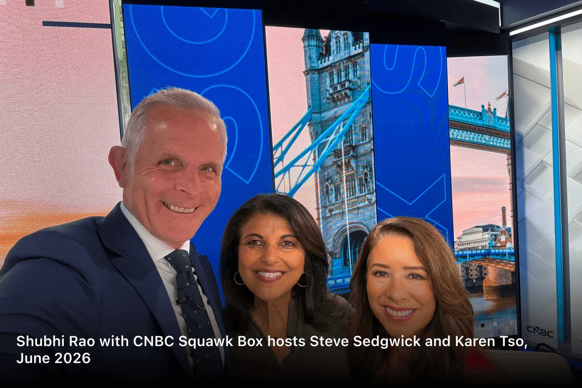 Shubhi Rao with CNBC Squawk Box hosts Steve Sedgwick and Karen Tso, June 2026