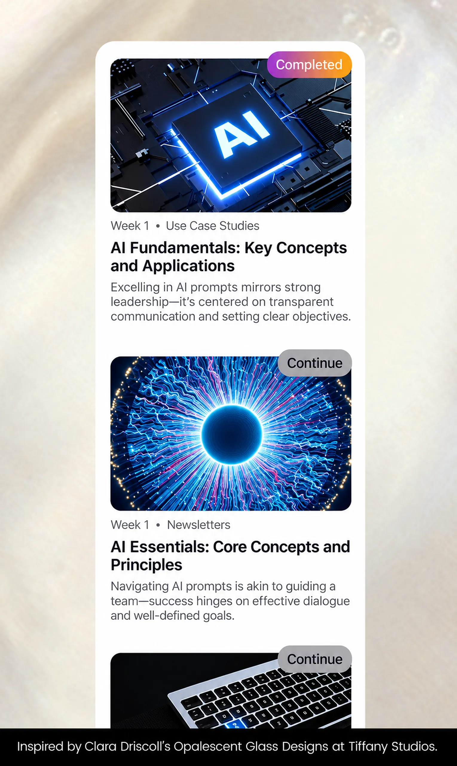 Phone screens of Week 1 accelerator cards — "AI Fundamentals: Key Concepts and Applications" marked Completed and "AI Essentials: Core Concepts and Principles" — over opalescent glass, Inspired by Clara Driscoll