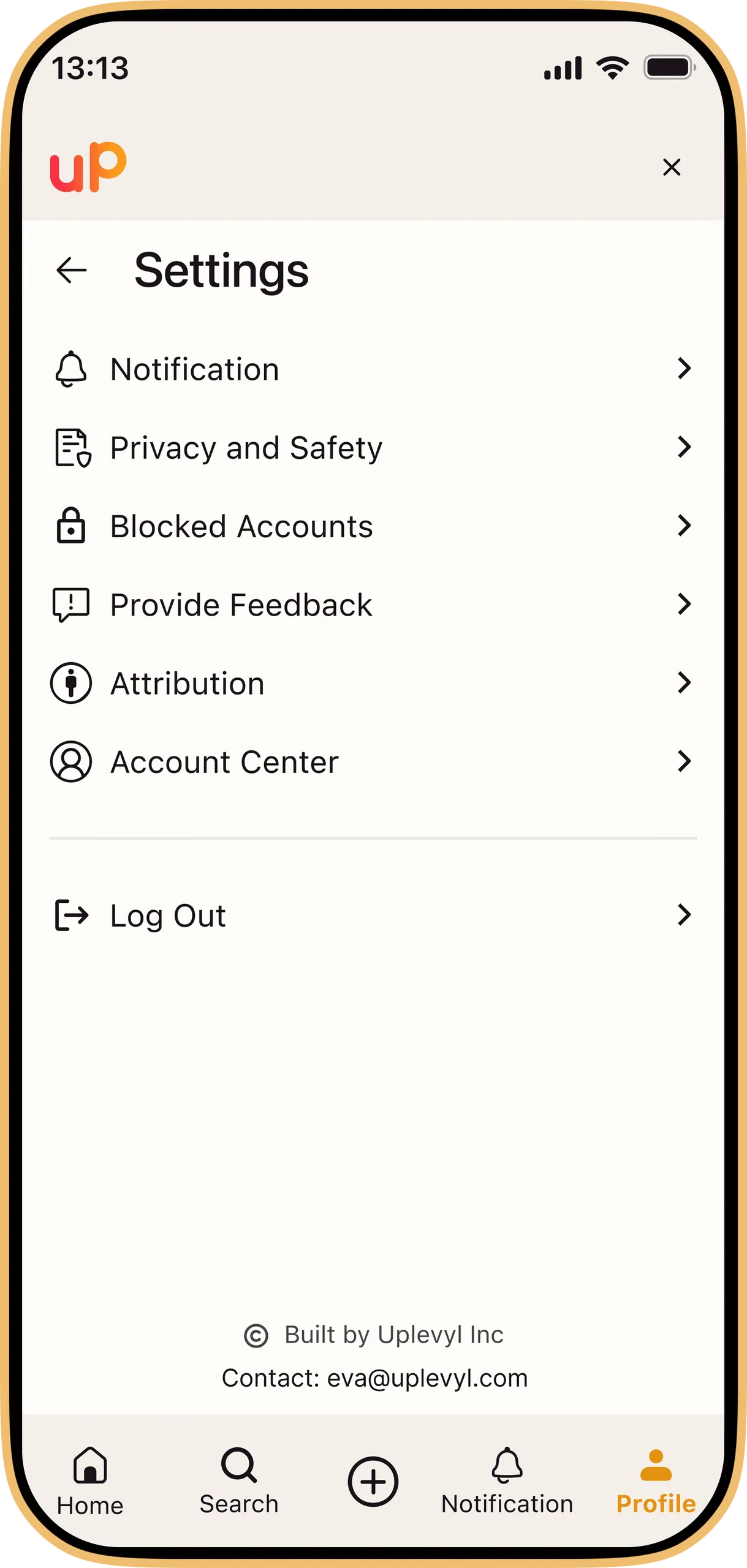 UP Settings screen: Notification, Privacy and Safety, Blocked Accounts, Provide Feedback